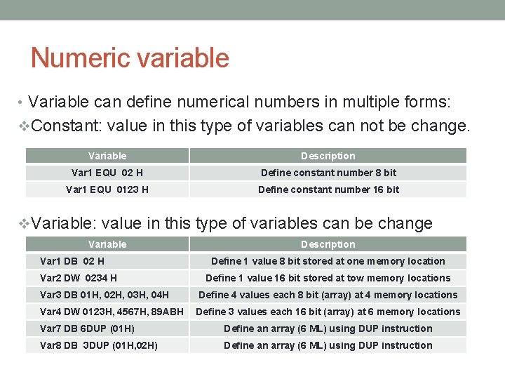 Numeric variable • Variable can define numerical numbers in multiple forms: v. Constant: value