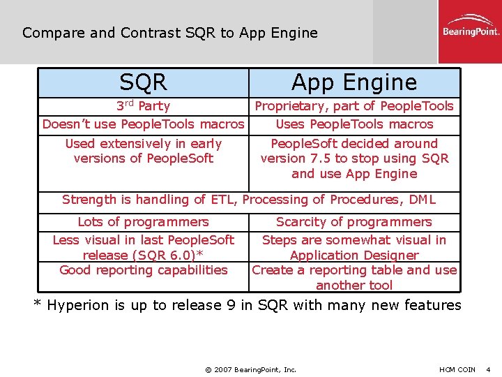 Compare and Contrast SQR to App Engine SQR App Engine 3 rd Party Proprietary,