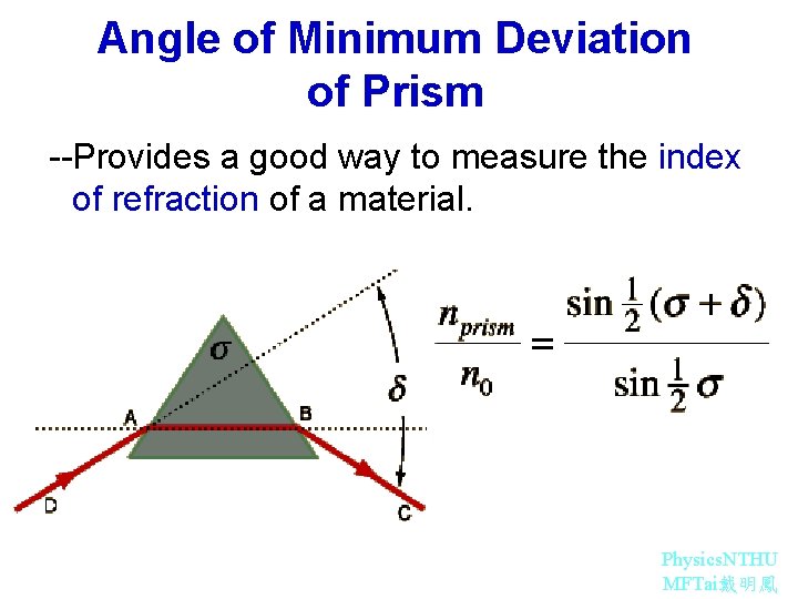 Angle of Minimum Deviation of Prism --Provides a good way to measure the index