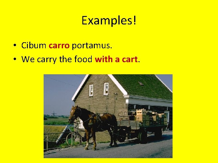 Examples! • Cibum carro portamus. • We carry the food with a cart. 