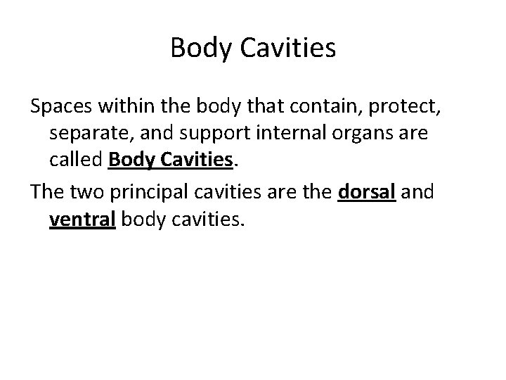 Body Cavities Spaces within the body that contain, protect, separate, and support internal organs