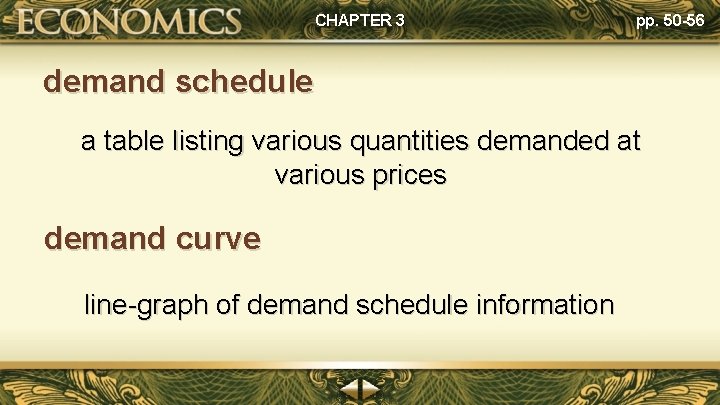 CHAPTER 3 pp. 50 -56 demand schedule a table listing various quantities demanded at