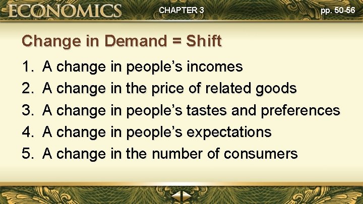 CHAPTER 3 pp. 50 -56 Change in Demand = Shift 1. 2. 3. 4.