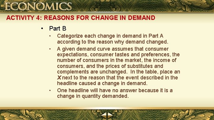 ACTIVITY 4: REASONS FOR CHANGE IN DEMAND • Part B • • • Categorize
