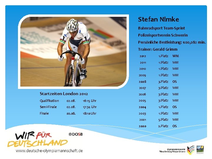 Stefan Nimke Bahnradsport Team-Sprint Polizeisportverein Schwerin Persönliche Bestleistung: 1: 00, 082 min. Trainer: Gerald