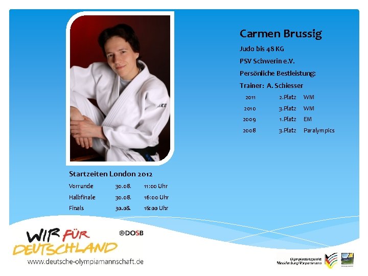 Carmen Brussig Judo bis 48 KG PSV Schwerin e. V. Persönliche Bestleistung: Trainer: A.