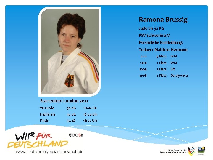 Ramona Brussig Judo bis 52 KG PSV Schwerin e. V. Persönliche Bestleistung: Trainer: Matthias