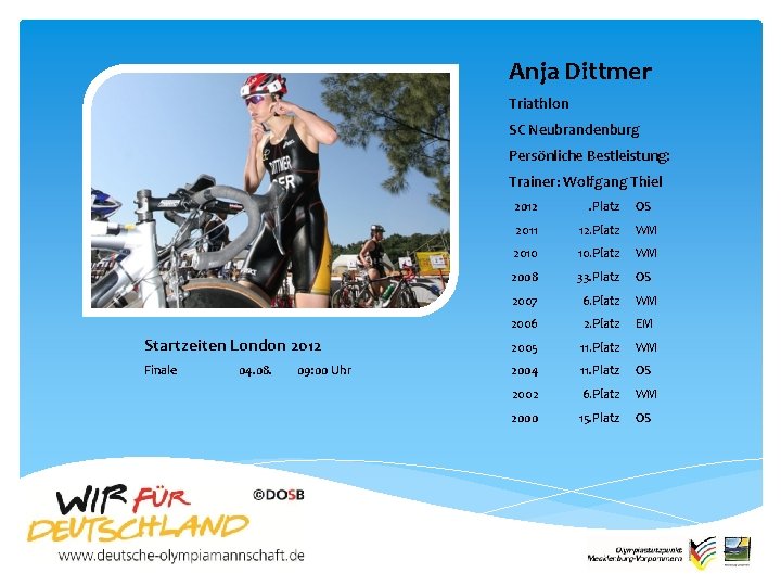 Anja Dittmer Triathlon SC Neubrandenburg Persönliche Bestleistung: Trainer: Wolfgang Thiel 2012 . Platz 2011