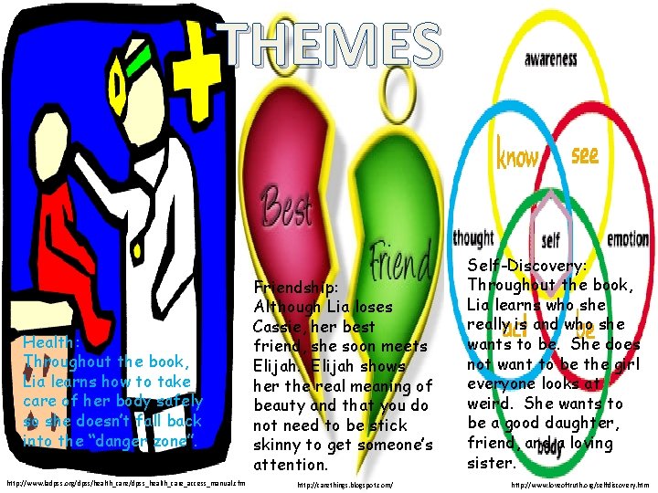 THEMES Health: Throughout the book, Lia learns how to take care of her body