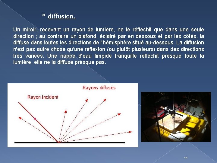 * diffusion. Un miroir, recevant un rayon de lumière, ne le réfléchit que dans