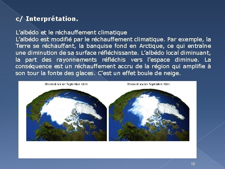 c/ Interprétation. L’albédo et le réchauffement climatique L’albédo est modifié par le réchauffement climatique.