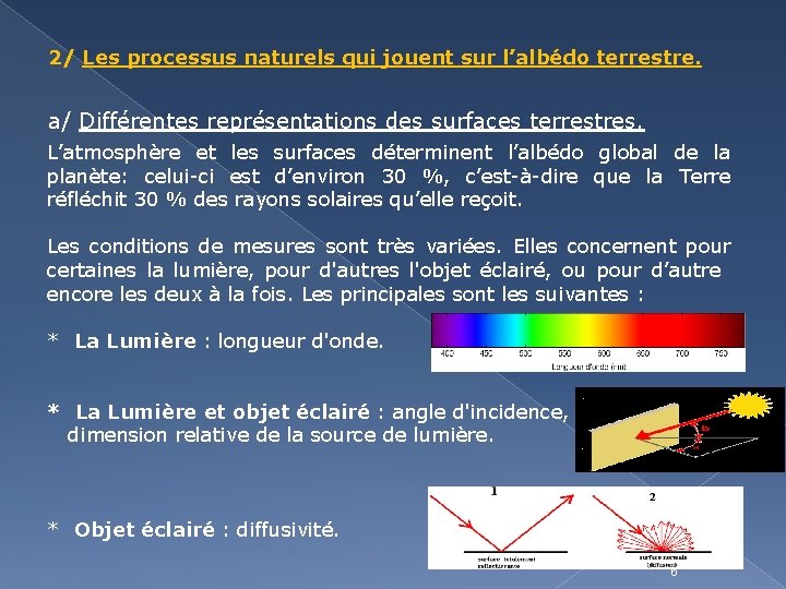 2/ Les processus naturels qui jouent sur l’albédo terrestre. a/ Différentes représentations des surfaces