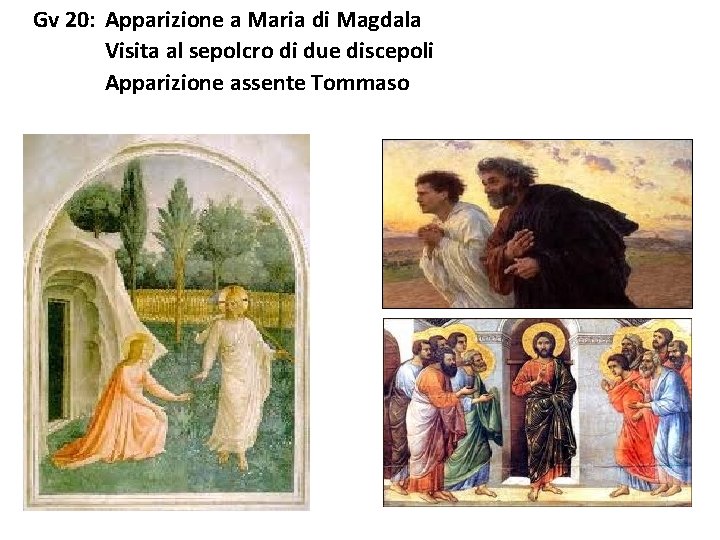 Gv 20: Apparizione a Maria di Magdala Visita al sepolcro di due discepoli Apparizione