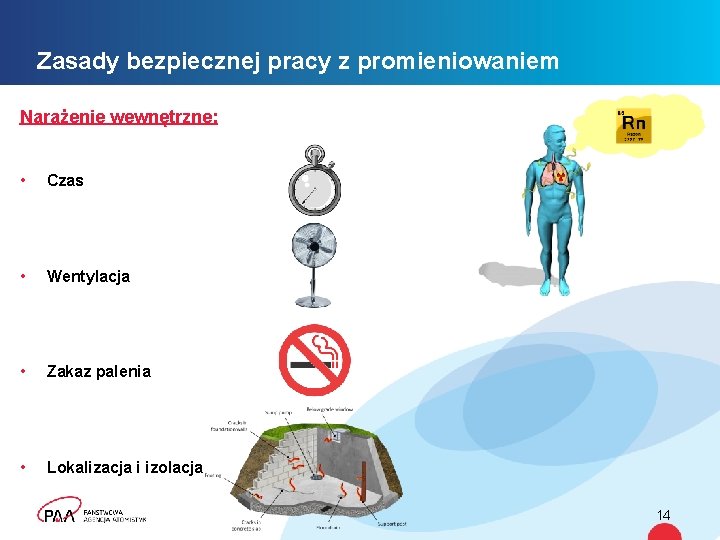 Zasady bezpiecznej pracy z promieniowaniem Narażenie wewnętrzne: • Czas • Wentylacja • Zakaz palenia