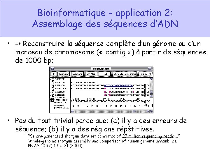 Bioinformatique - application 2: Assemblage des séquences d’ADN • -> Reconstruire la séquence complète