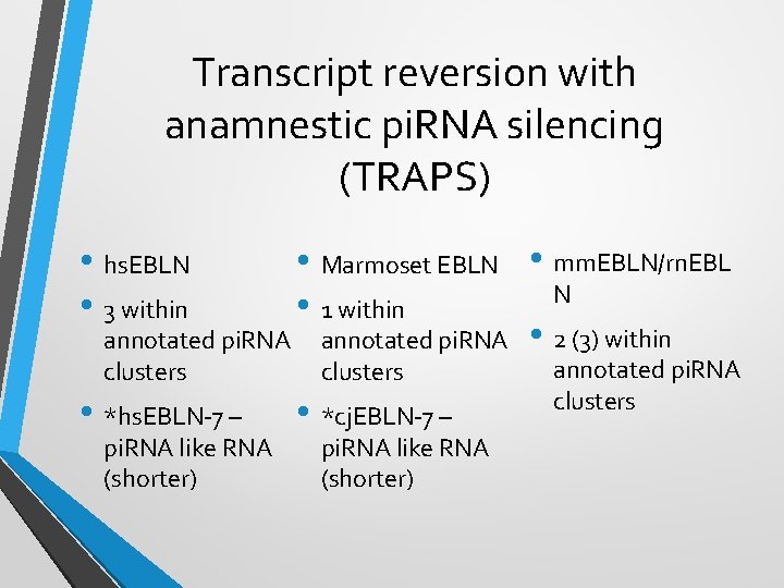 Transcript reversion with anamnestic pi. RNA silencing (TRAPS) • Marmoset EBLN • mm. EBLN/rn.