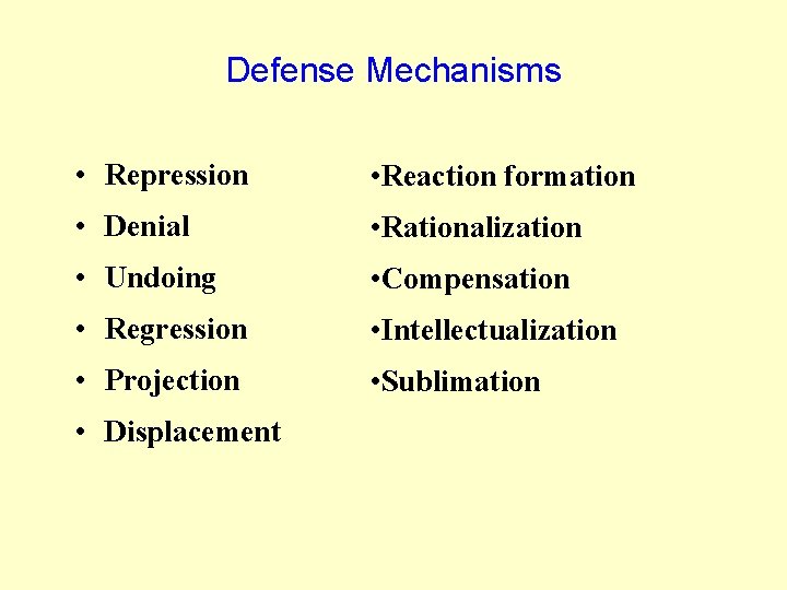 Defense Mechanisms • Repression • Reaction formation • Denial • Rationalization • Undoing •