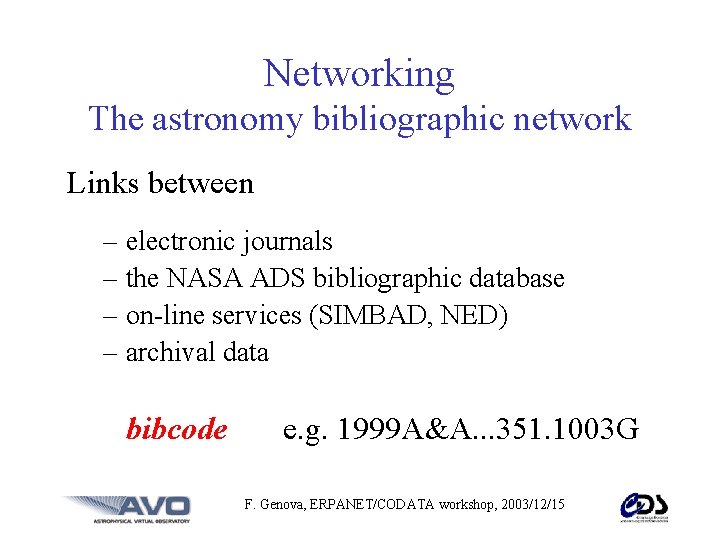 Networking The astronomy bibliographic network Links between – electronic journals – the NASA ADS