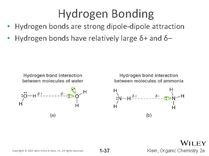 Hydrogen Bonding • Hydrogen bonds are strong dipole-dipole attraction • Hydrogen bonds have relatively