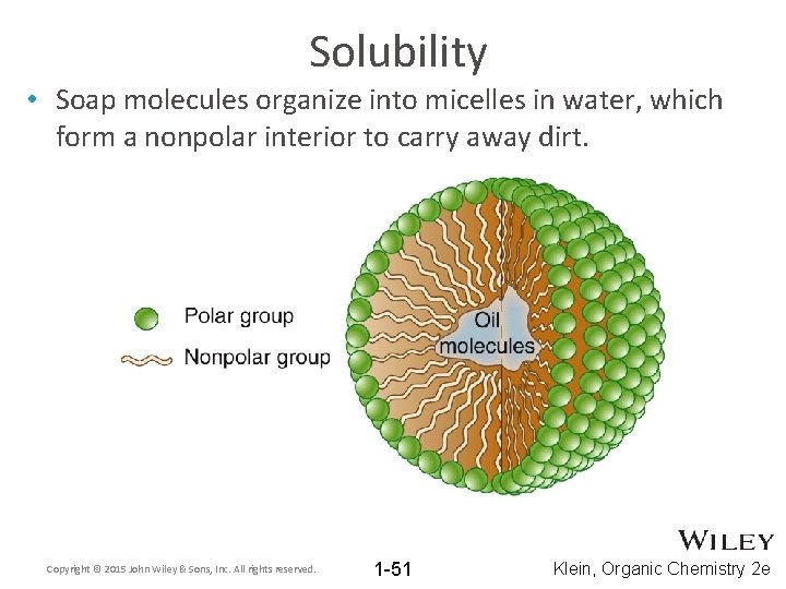 Solubility • Soap molecules organize into micelles in water, which form a nonpolar interior