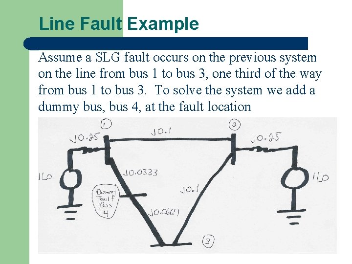 Line Fault Example Assume a SLG fault occurs on the previous system on the