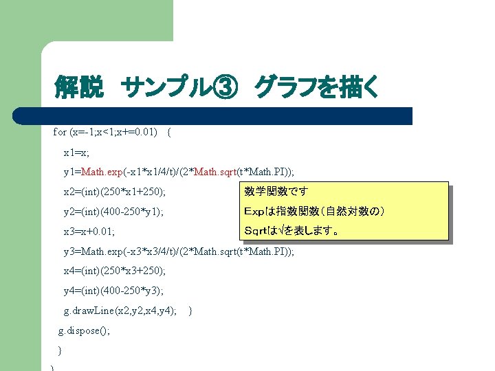 解説 サンプル③ グラフを描く for (x=-1; x<1; x+=0. 01) { x 1=x; y 1=Math. exp(-x