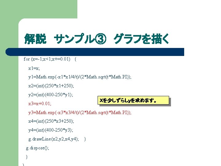 解説 サンプル③ グラフを描く for (x=-1; x<1; x+=0. 01) { x 1=x; y 1=Math. exp(-x