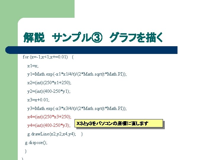 解説 サンプル③ グラフを描く for (x=-1; x<1; x+=0. 01) { x 1=x; y 1=Math. exp(-x