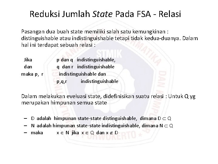 Reduksi Jumlah State Pada FSA - Relasi Pasangan dua buah state memiliki salah satu