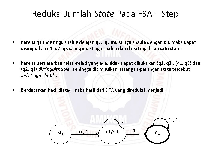 Reduksi Jumlah State Pada FSA – Step • Karena q 1 indistinguishable dengan q