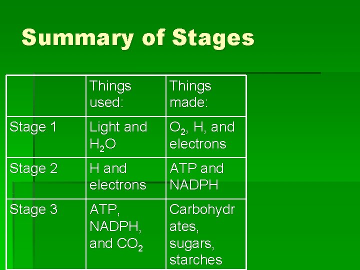 Summary of Stages Things used: Things made: Stage 1 Light and H 2 O