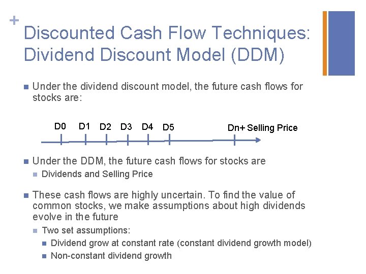 + Discounted Cash Flow Techniques: Dividend Discount Model (DDM) n Under the dividend discount