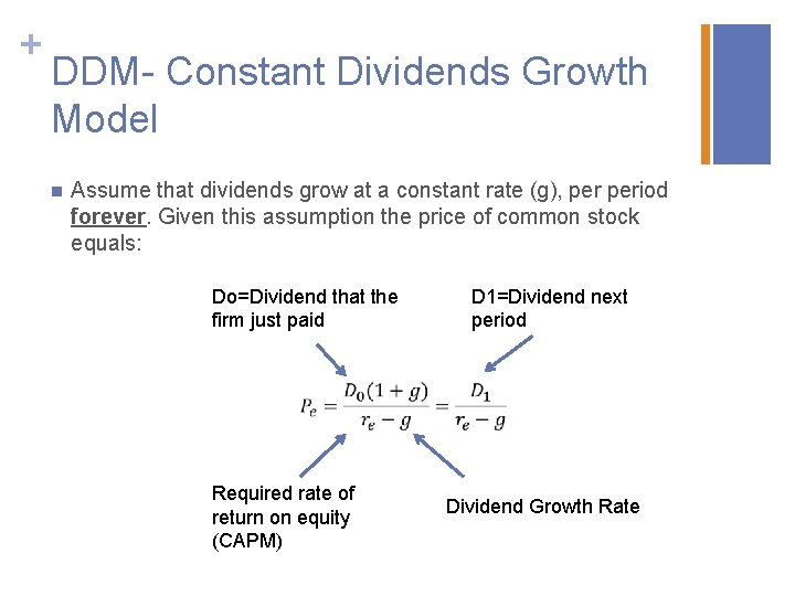 + DDM- Constant Dividends Growth Model n Assume that dividends grow at a constant