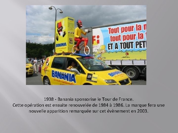 1938 - Banania sponsorise le Tour de France. Cette opération est ensuite renouvelée de 1938 - Banania sponsorise le Tour de France. Cette opération est ensuite renouvelée de
