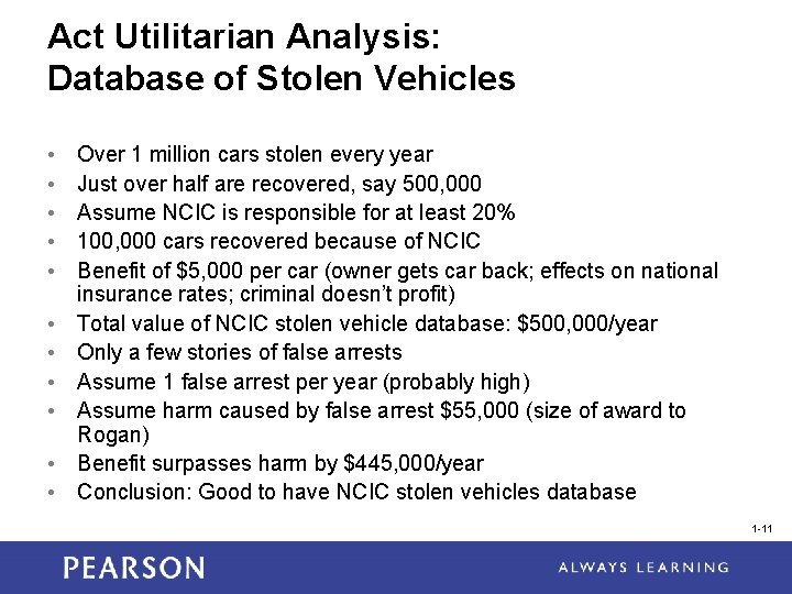 Act Utilitarian Analysis: Database of Stolen Vehicles • • • Over 1 million cars