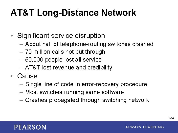 AT&T Long-Distance Network • Significant service disruption – – About half of telephone-routing switches