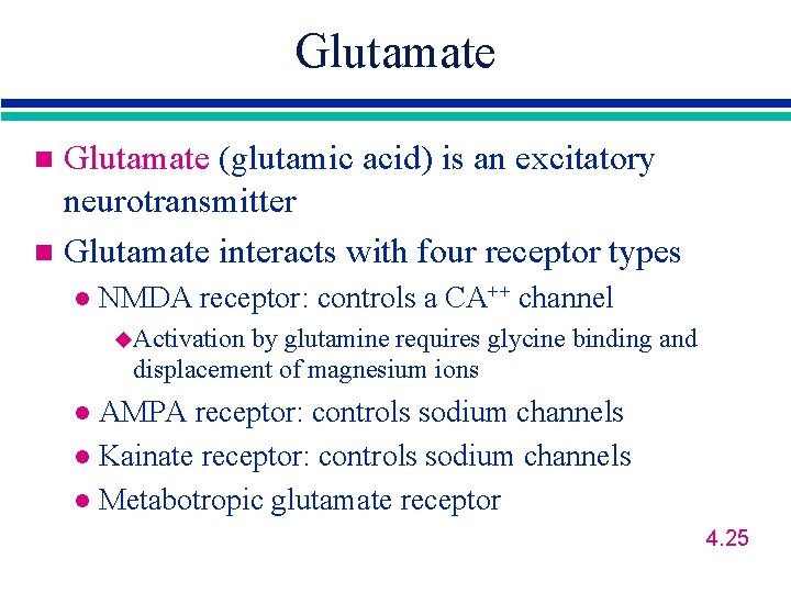 Glutamate (glutamic acid) is an excitatory neurotransmitter n Glutamate interacts with four receptor types
