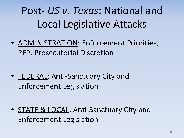 Post- US v. Texas: National and Local Legislative Attacks • ADMINISTRATION: Enforcement Priorities, PEP,