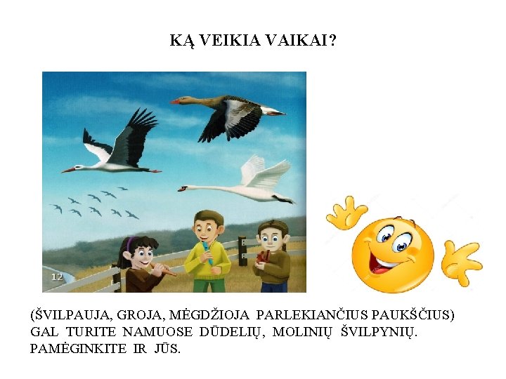 KĄ VEIKIA VAIKAI? (ŠVILPAUJA, GROJA, MĖGDŽIOJA PARLEKIANČIUS PAUKŠČIUS) GAL TURITE NAMUOSE DŪDELIŲ, MOLINIŲ ŠVILPYNIŲ.