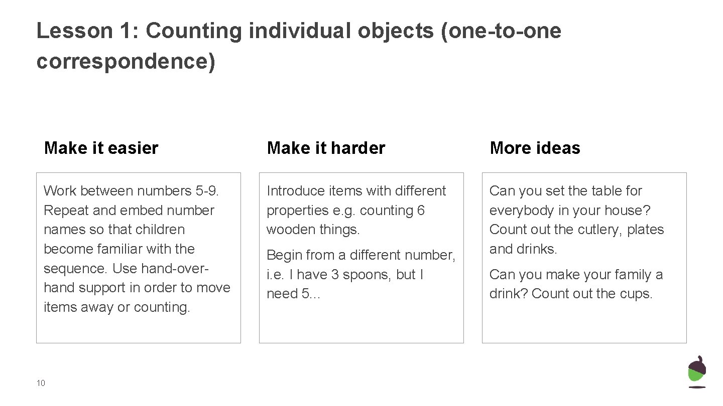 Lesson 1: Counting individual objects (one-to-one correspondence) Make it easier Make it harder More