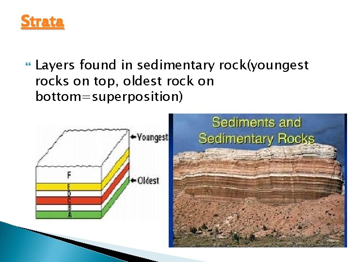 Strata Layers found in sedimentary rock(youngest rocks on top, oldest rock on bottom=superposition) 