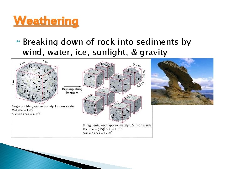 Weathering Breaking down of rock into sediments by wind, water, ice, sunlight, & gravity