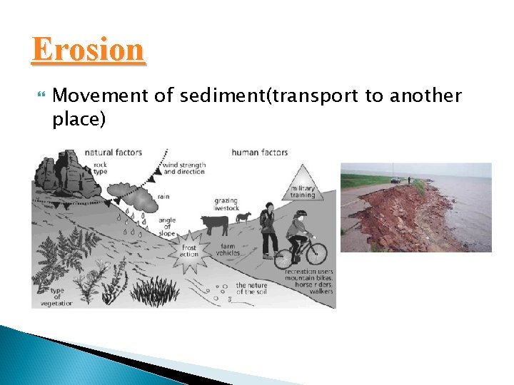 Erosion Movement of sediment(transport to another place) 
