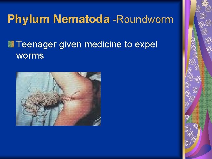 Phylum Nematoda -Roundworm Teenager given medicine to expel worms 