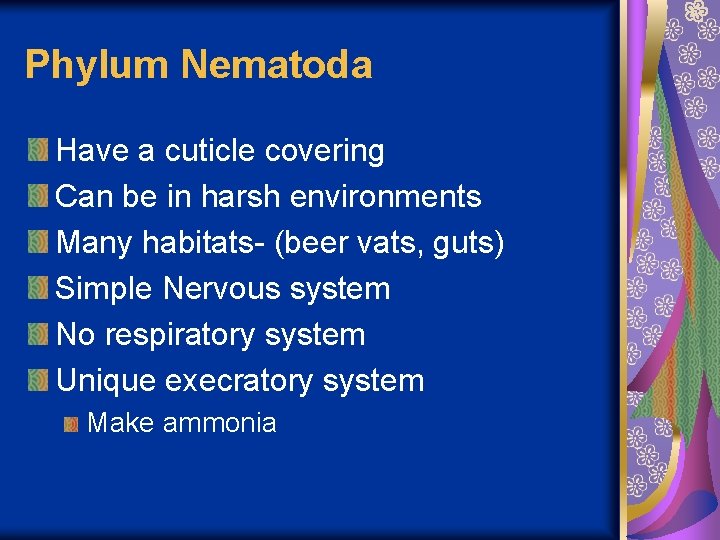 Phylum Nematoda Have a cuticle covering Can be in harsh environments Many habitats- (beer