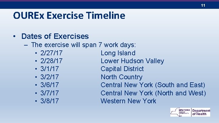 11 OUREx Exercise Timeline • Dates of Exercises – The exercise will span 7