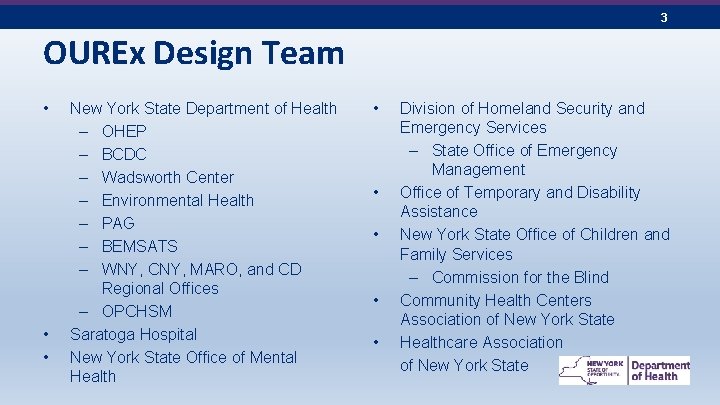3 OUREx Design Team • • • New York State Department of Health –