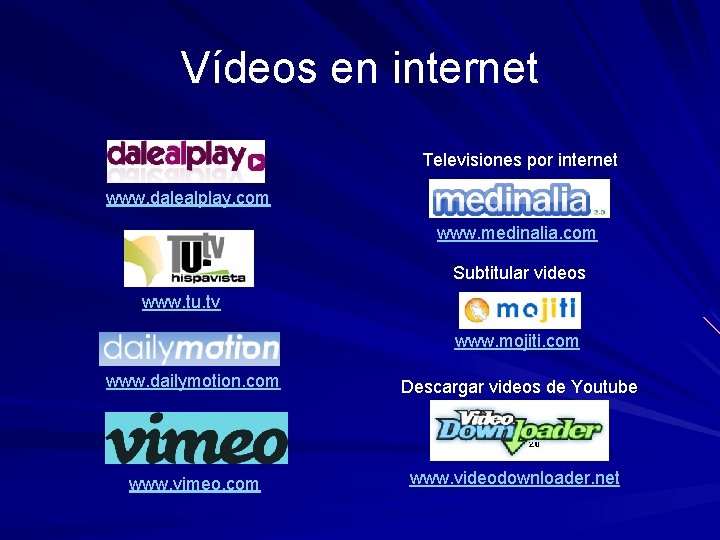 Vídeos en internet Televisiones por internet www. dalealplay. com www. medinalia. com Subtitular videos