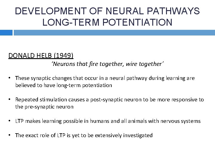 DEVELOPMENT OF NEURAL PATHWAYS LONG-TERM POTENTIATION DONALD HELB (1949) ‘Neurons that fire together, wire