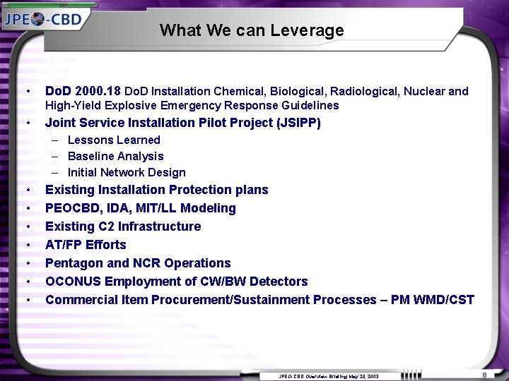 What We can Leverage • Do. D 2000. 18 Do. D Installation Chemical, Biological,